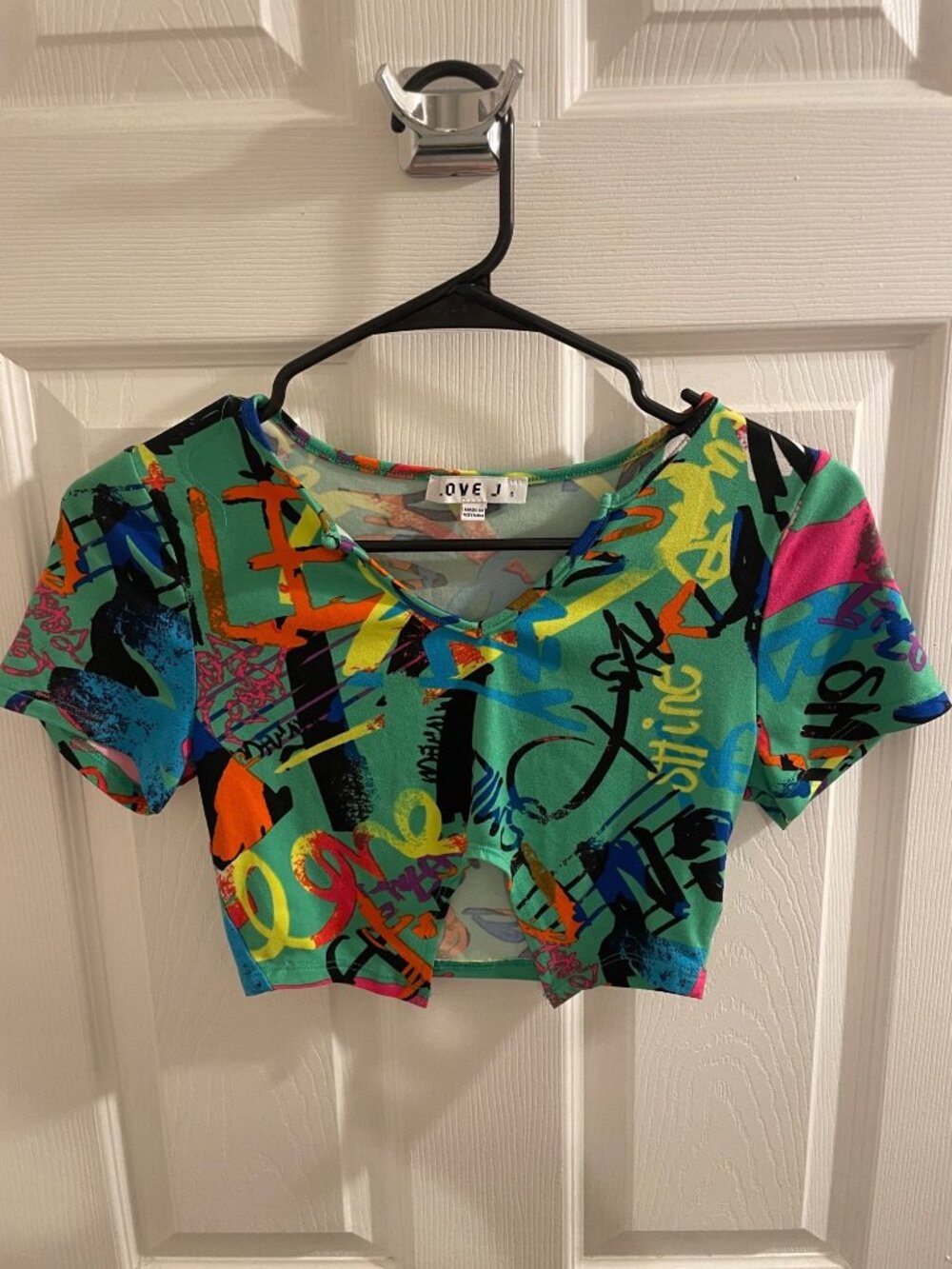 LOVE J Y2K Graffiti Print Cut Out Crop Top Streetwear Size S